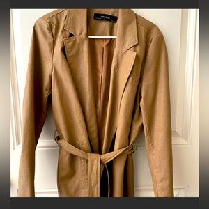 Zara Light Brown Leather Tie Blazer Sz L EUC